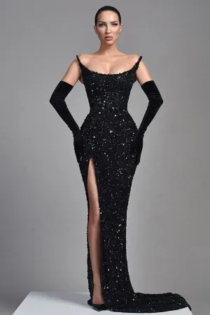 Stunning Black Straples Prom Dress Mermaid Long With Sequins Beads