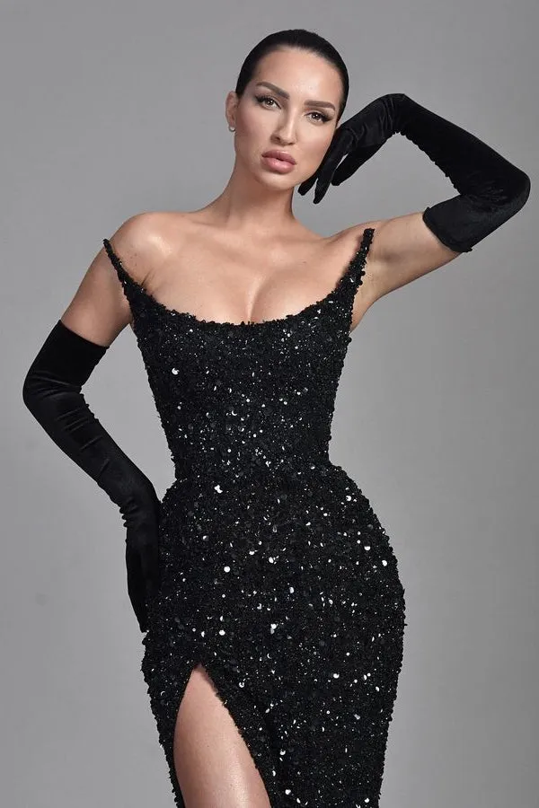 Stunning Black Straples Prom Dress Mermaid Long With Sequins Beads