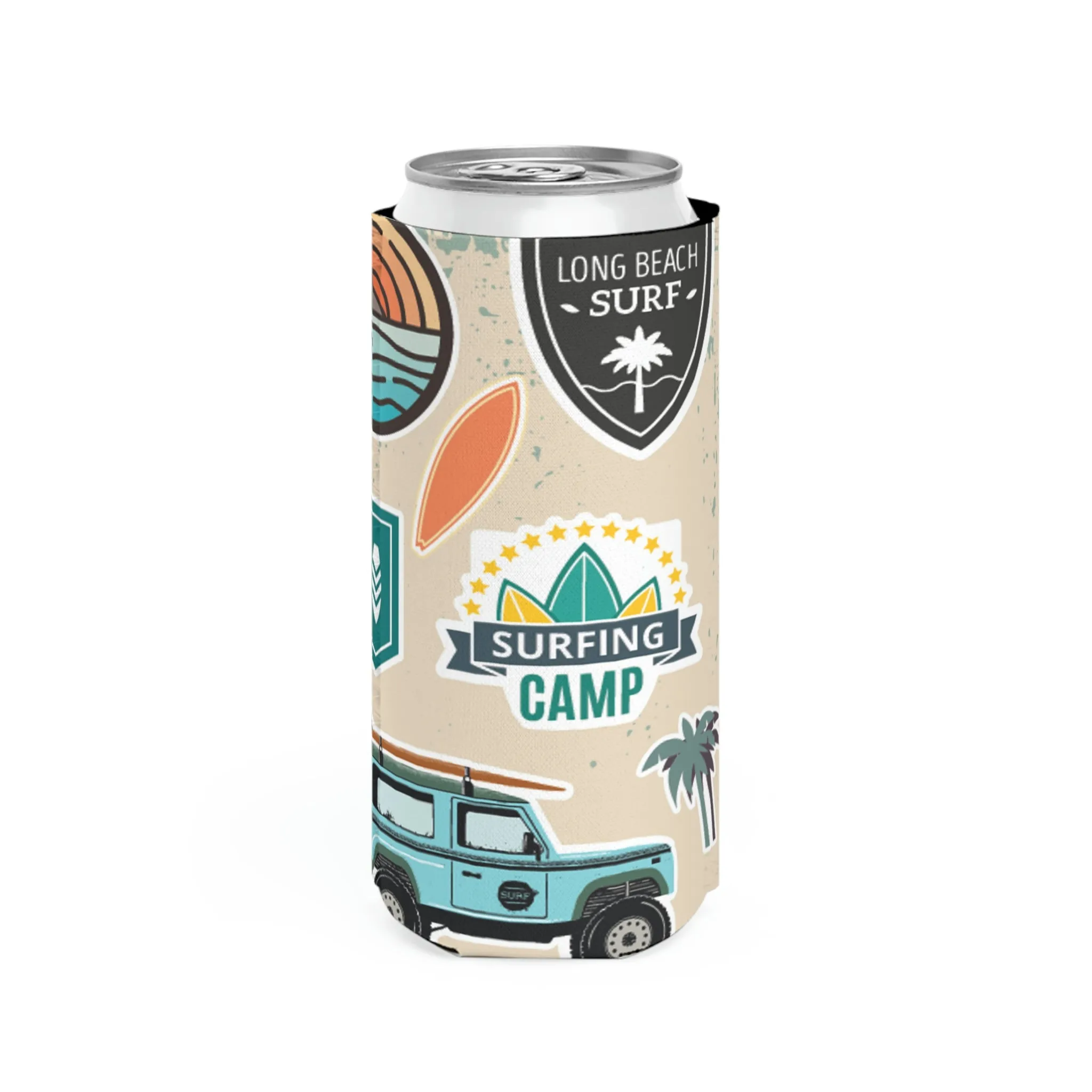 Surf and Beach Sticker Collage Slim Can Cooler