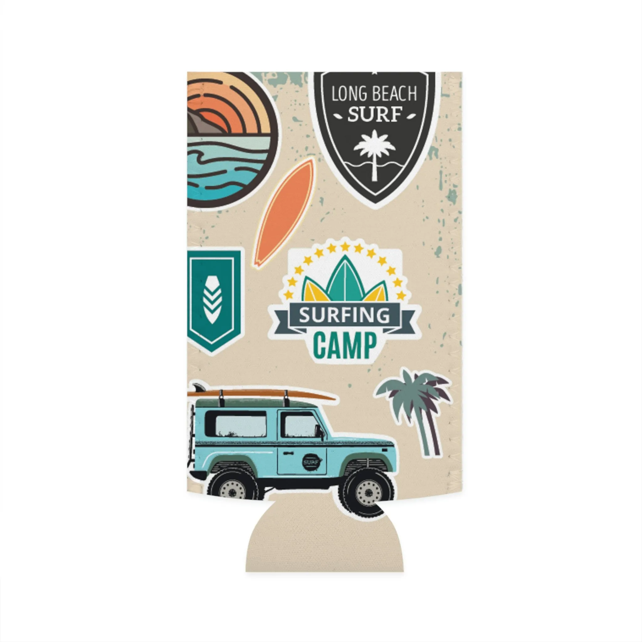 Surf and Beach Sticker Collage Slim Can Cooler
