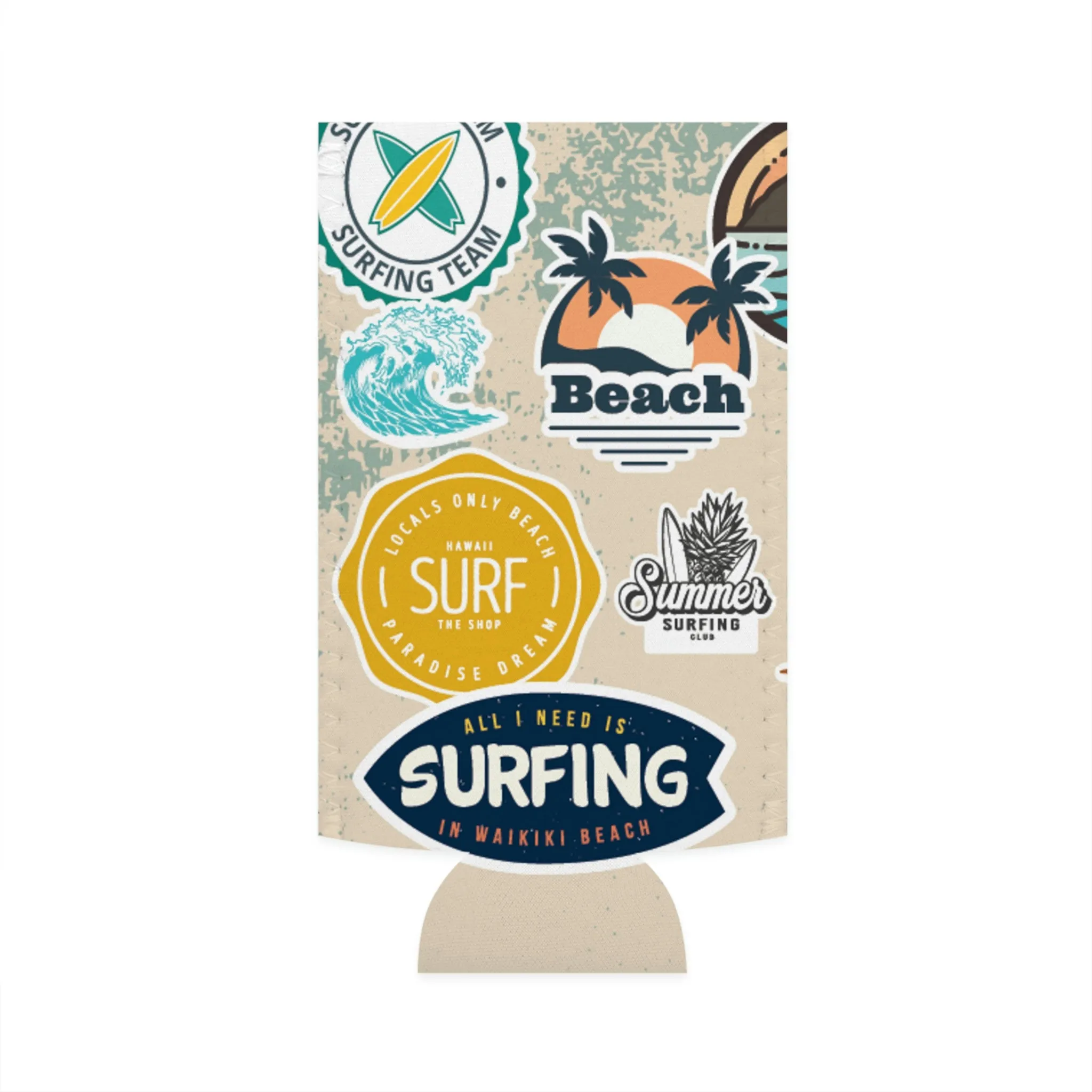 Surf and Beach Sticker Collage Slim Can Cooler