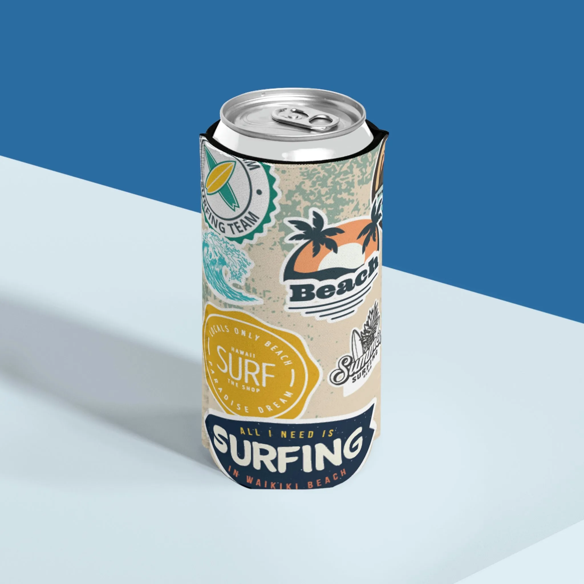 Surf and Beach Sticker Collage Slim Can Cooler