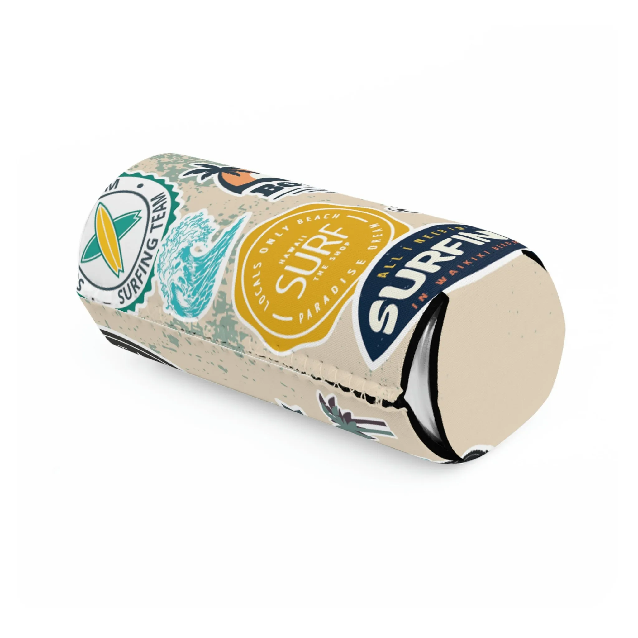 Surf and Beach Sticker Collage Slim Can Cooler