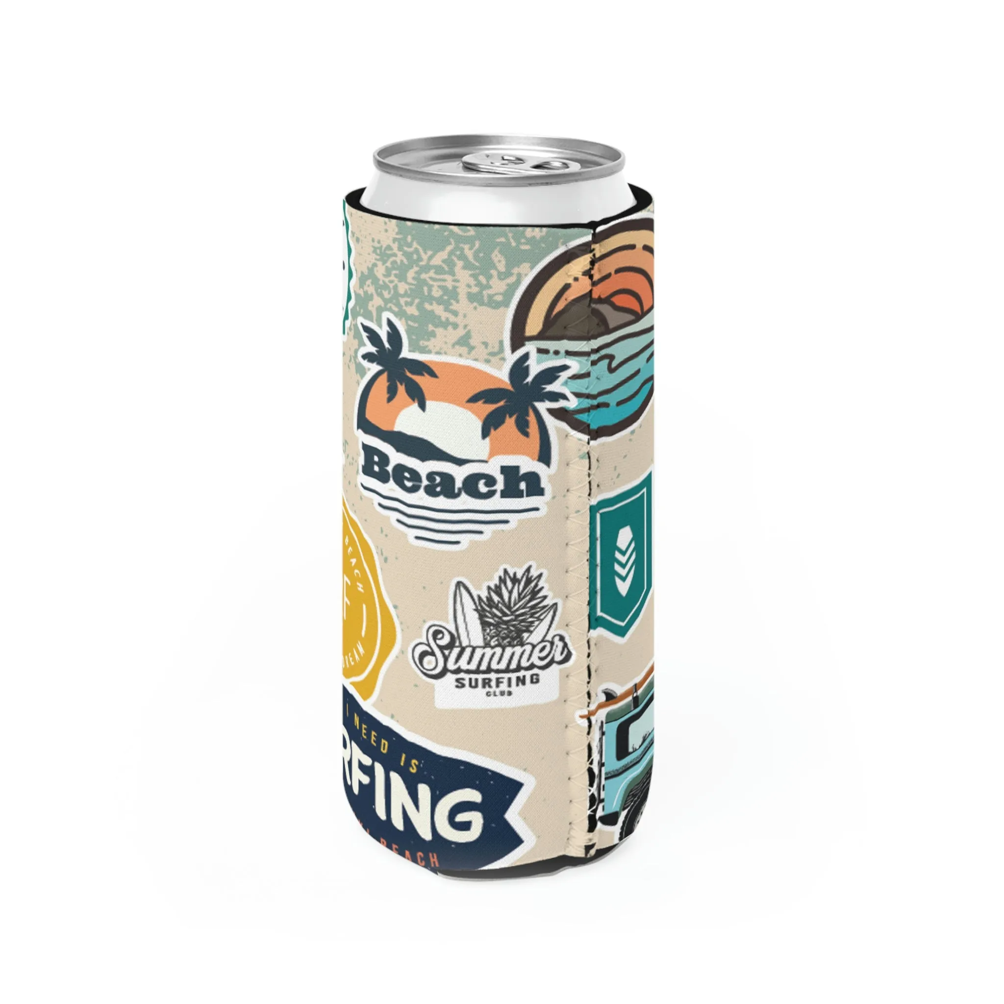 Surf and Beach Sticker Collage Slim Can Cooler
