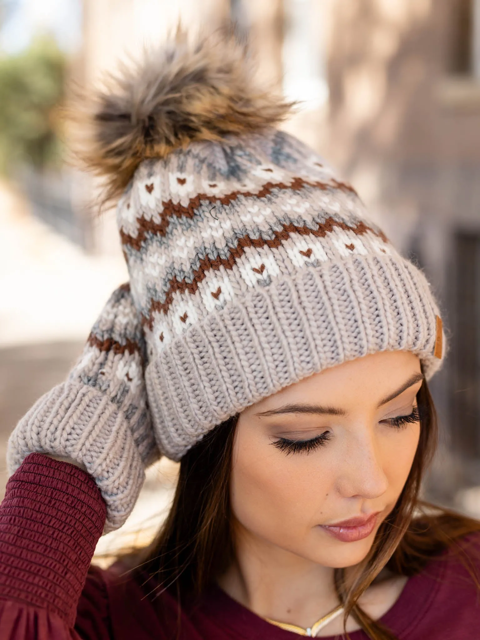 Taupe/Brown/White Pom Hat