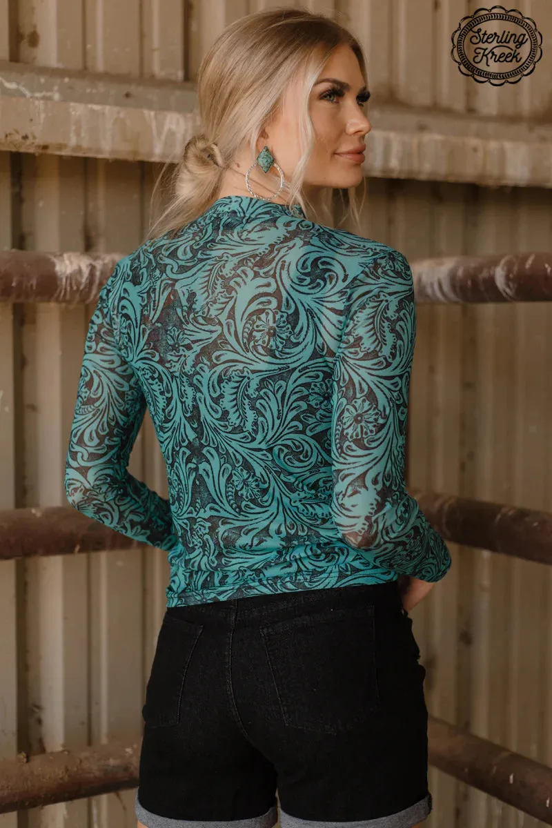 Tooled In Turquoise Mesh Top