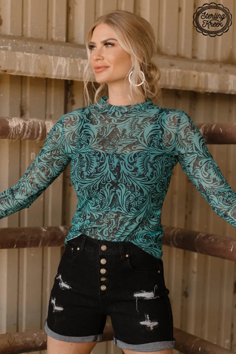 Tooled In Turquoise Mesh Top