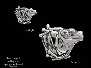 Tree Frog Lapel Pin or Tree Frog Brooch Sterling Silver