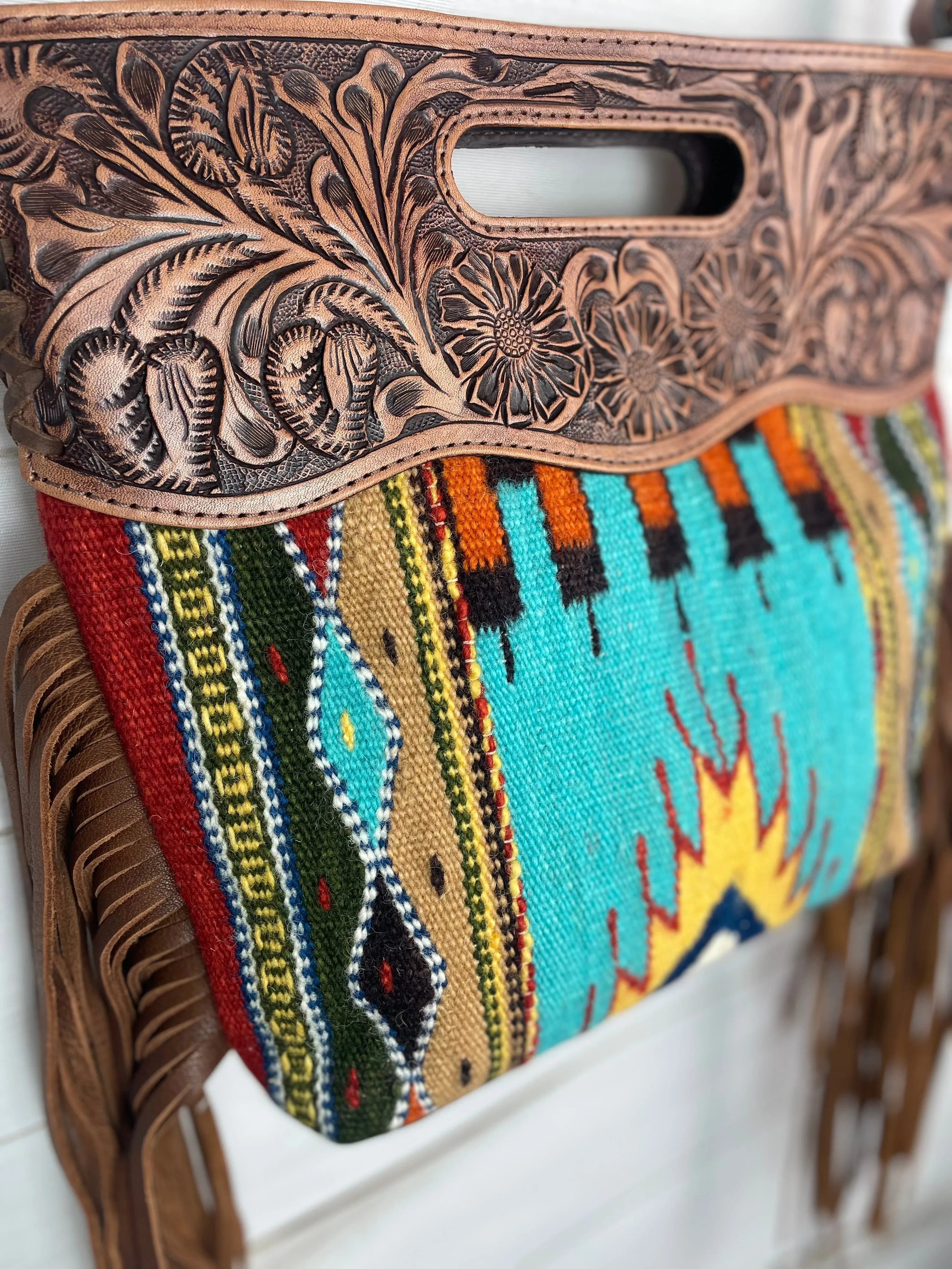 Turquoise Earth Tones Wool Leather Open Handle Fringe Bag