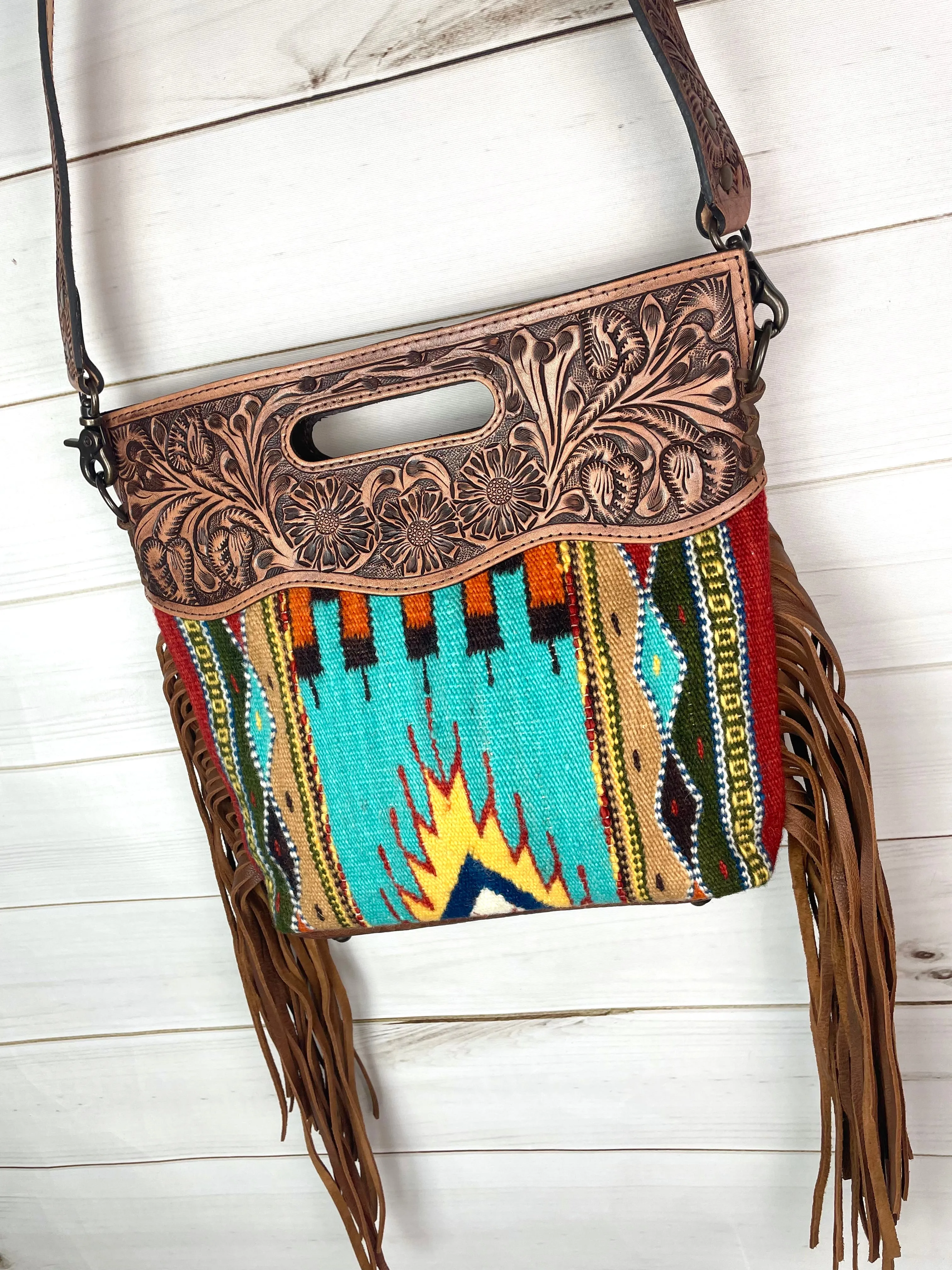 Turquoise Earth Tones Wool Leather Open Handle Fringe Bag