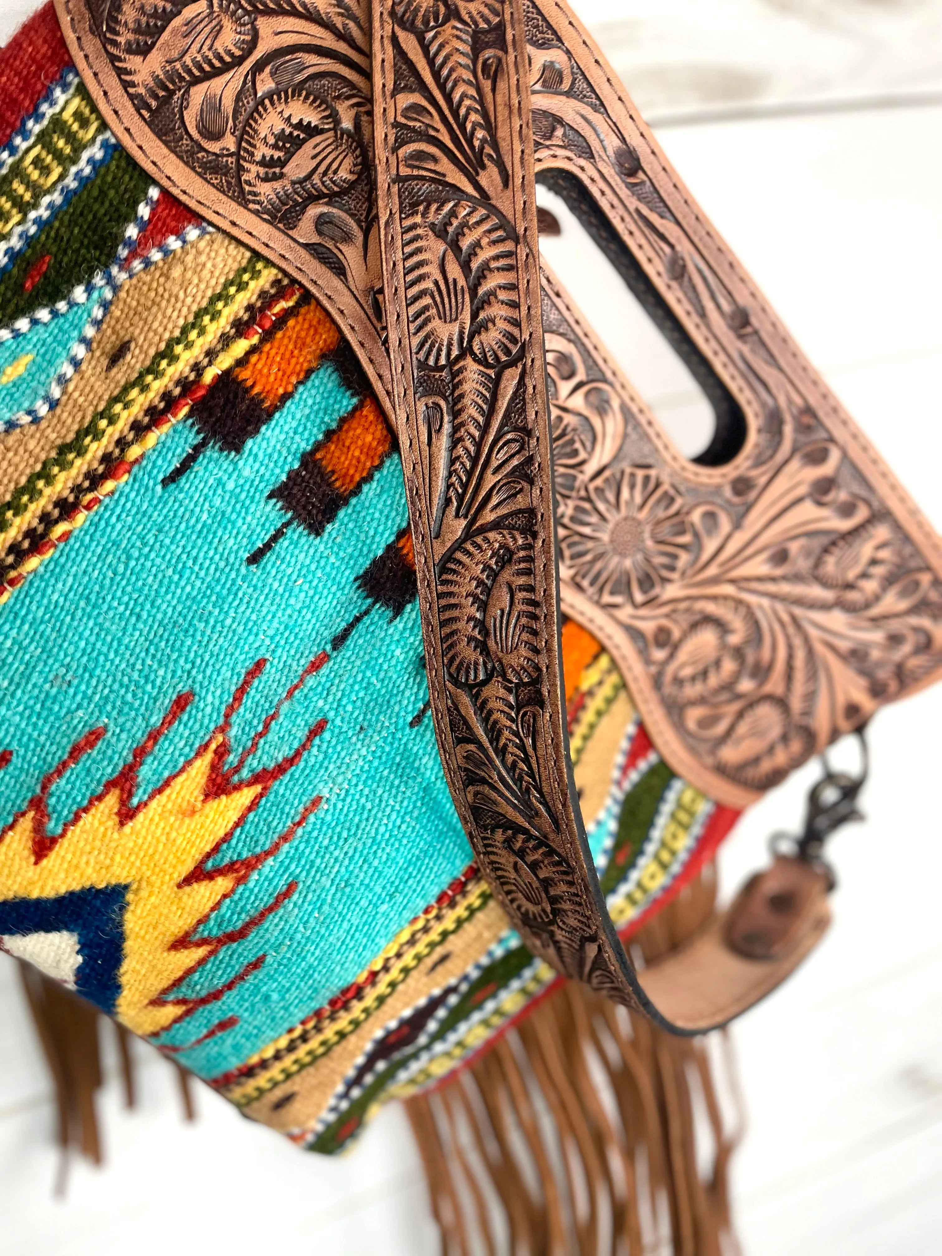 Turquoise Earth Tones Wool Leather Open Handle Fringe Bag