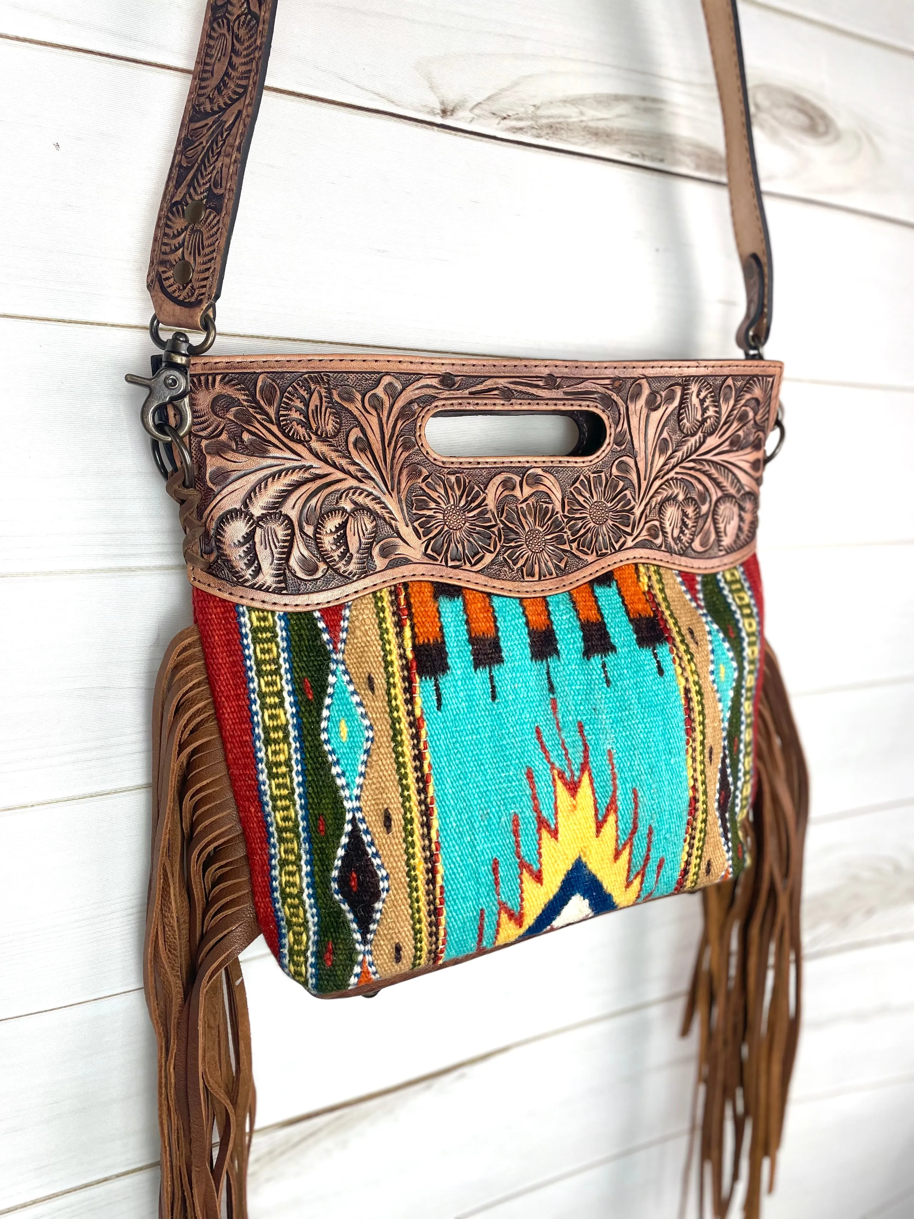 Turquoise Earth Tones Wool Leather Open Handle Fringe Bag