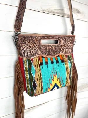 Turquoise Earth Tones Wool Leather Open Handle Fringe Bag