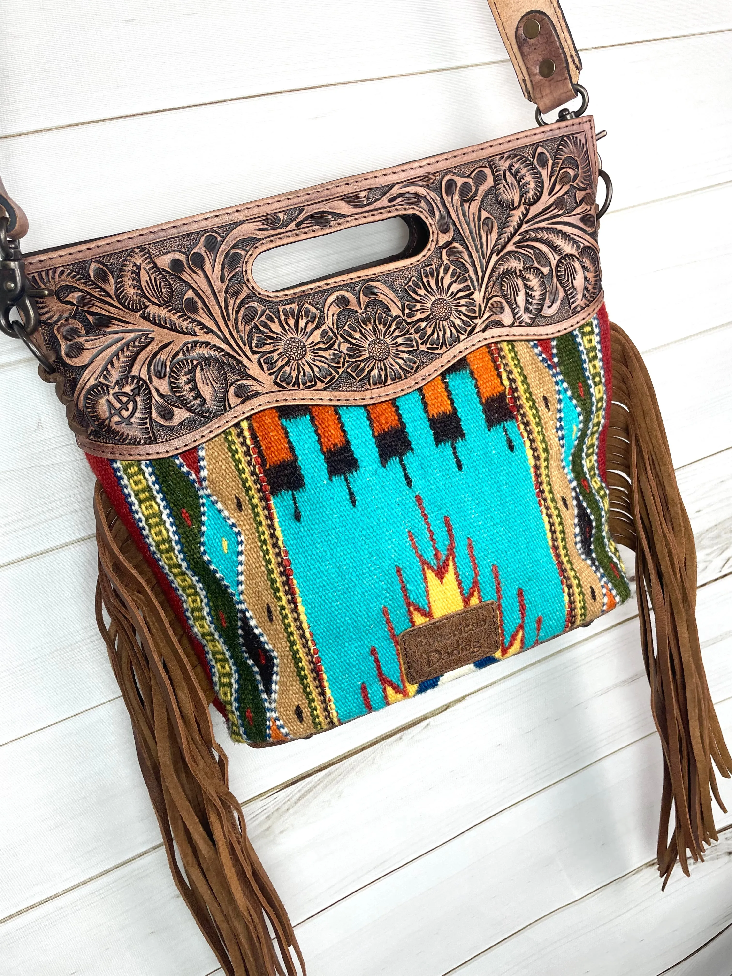 Turquoise Earth Tones Wool Leather Open Handle Fringe Bag