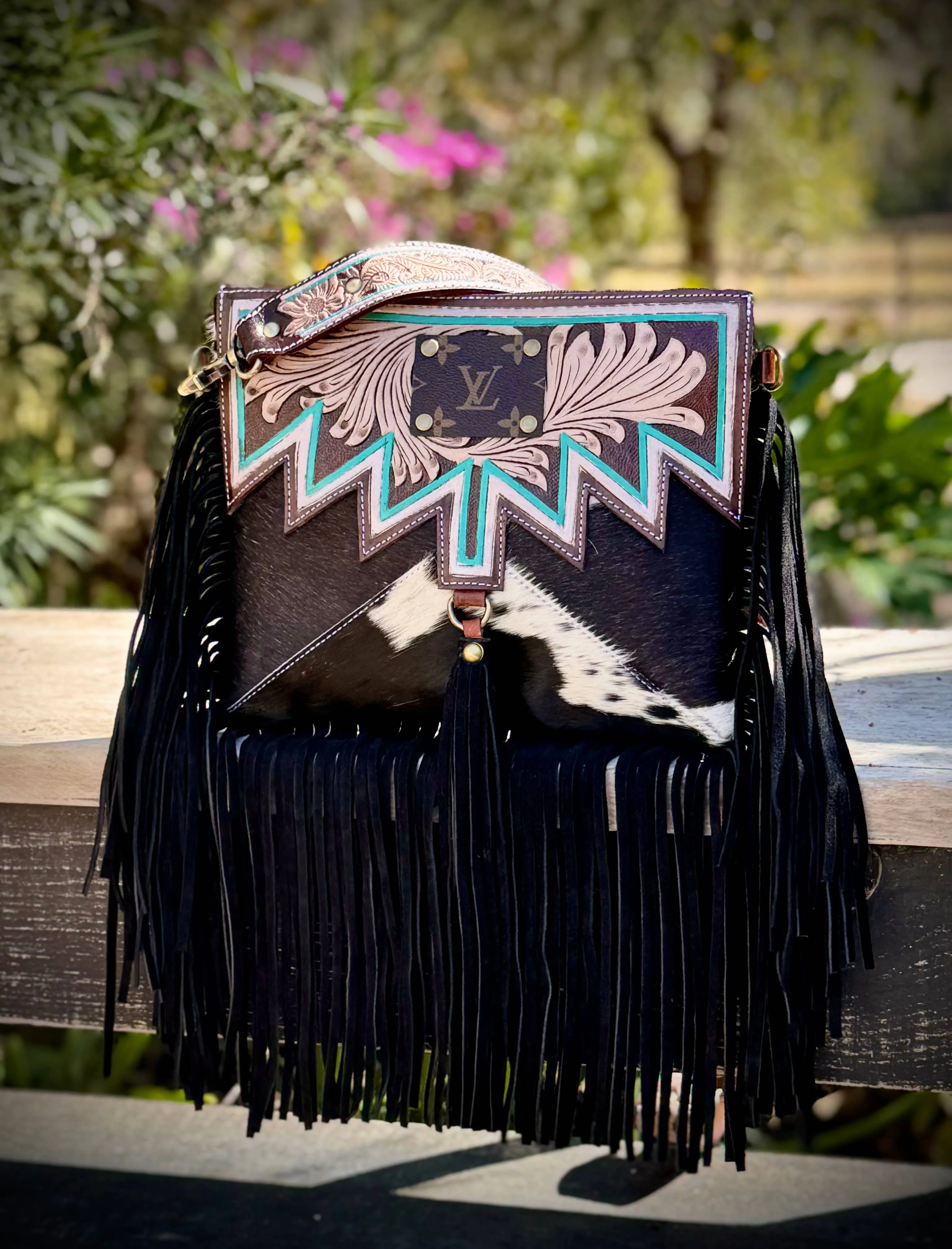 Upcycled LV Tooled Leather Cowhide Crossbody Bag Western 