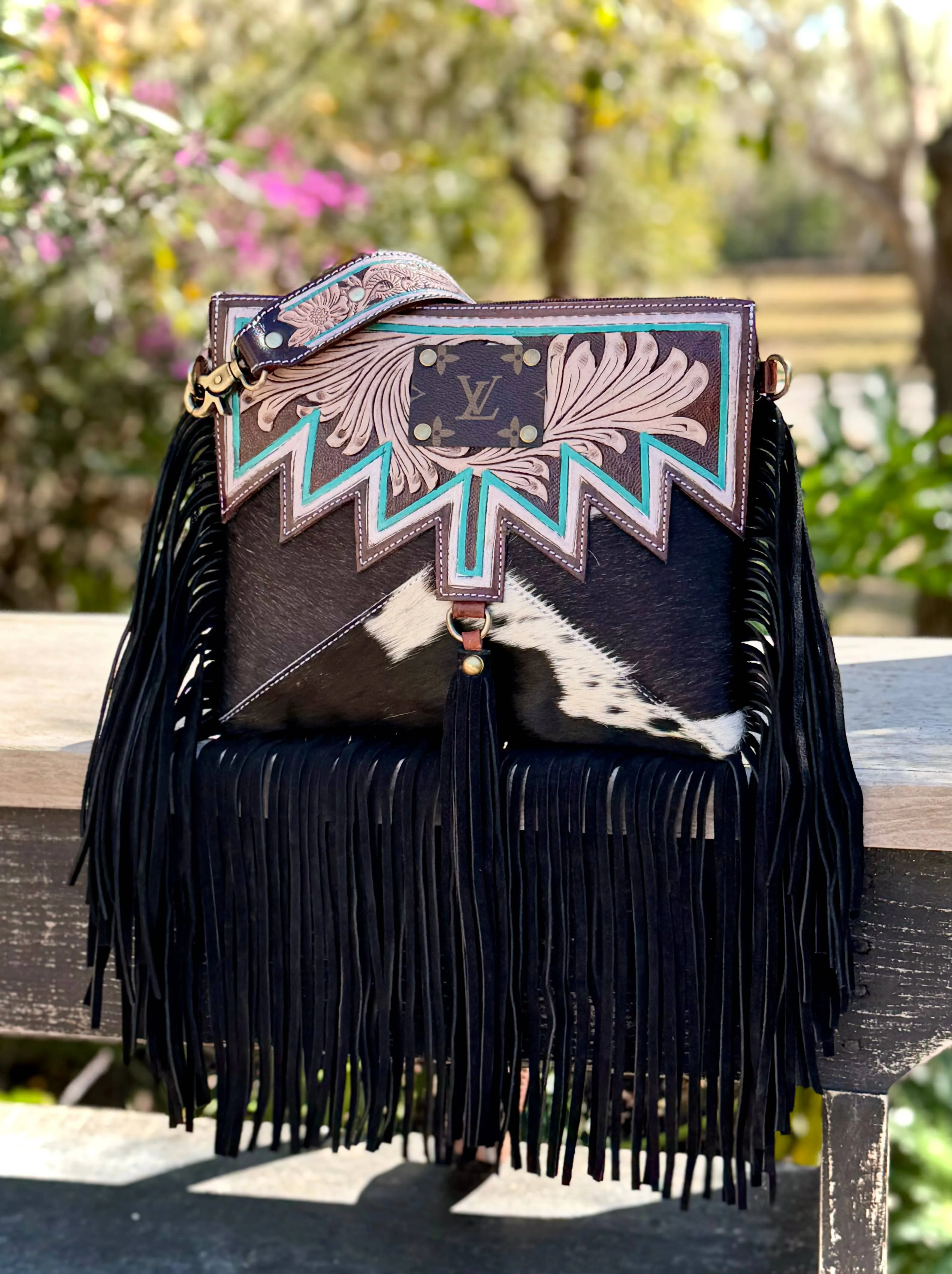 Upcycled LV Tooled Leather Cowhide Crossbody Bag Western 