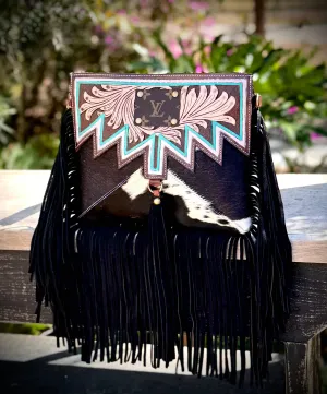 Upcycled LV Tooled Leather Cowhide Crossbody Bag Western 