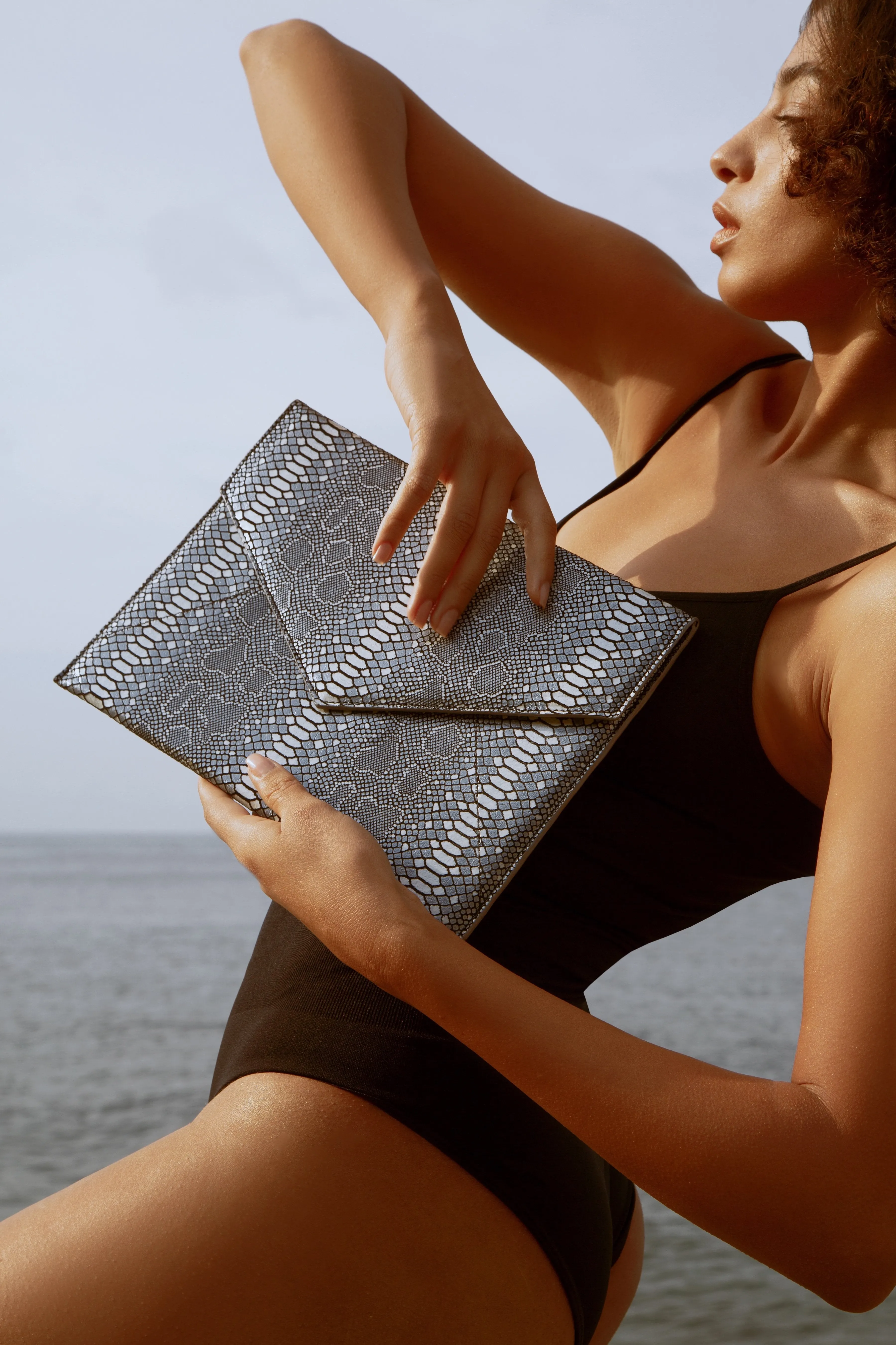 Vesper Leather Envelope Clutch/Blue Snakeskin Embossed
