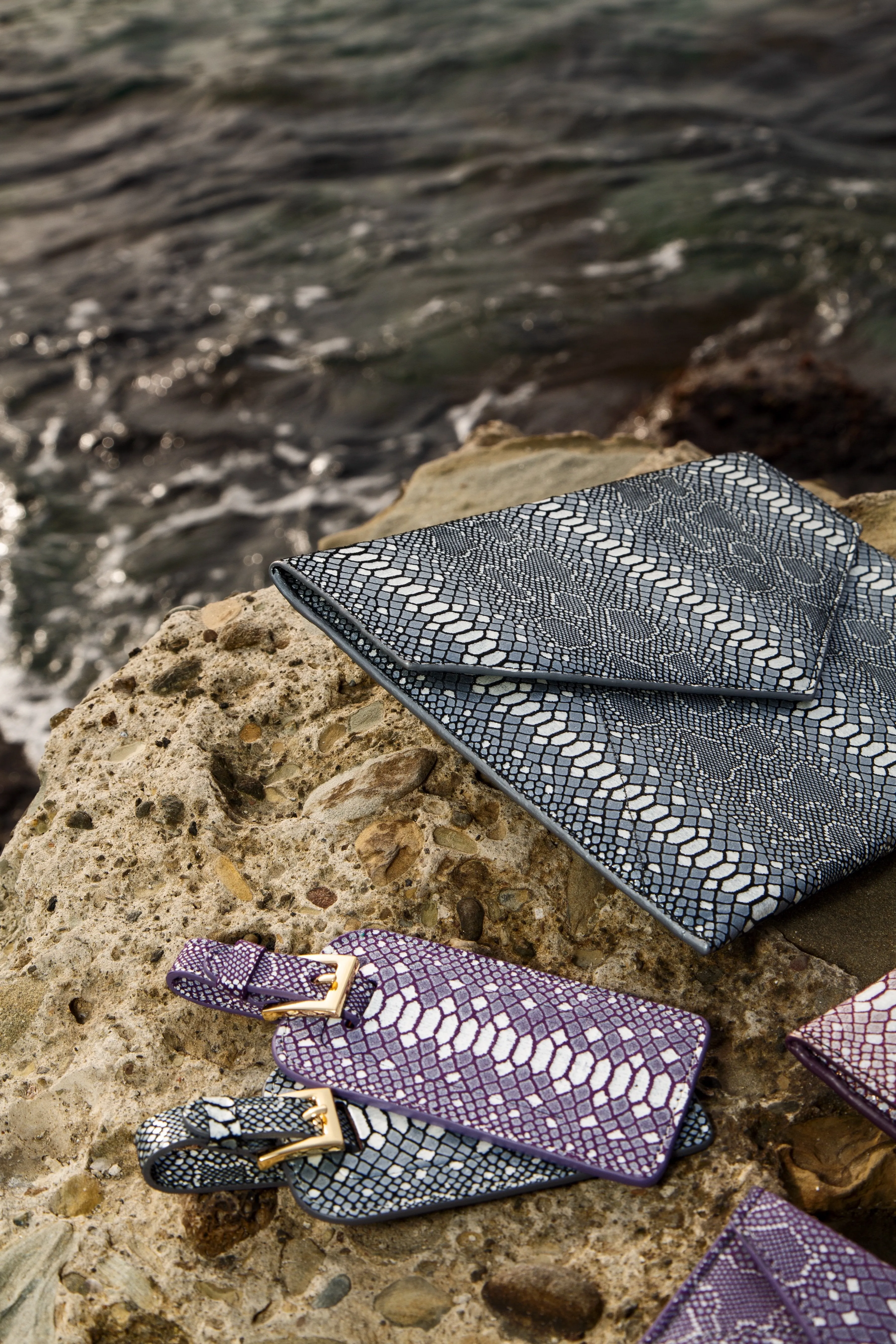 Vesper Leather Envelope Clutch/Blue Snakeskin Embossed