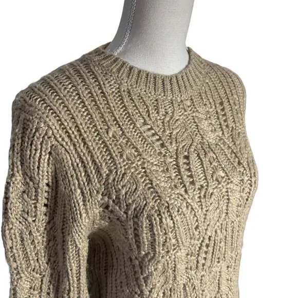 Vince Variegated Cable Wool &amp; Mohair Blend Sweater M medium tan sawdust crewneck