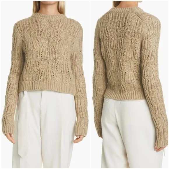 Vince Variegated Cable Wool &amp; Mohair Blend Sweater M medium tan sawdust crewneck