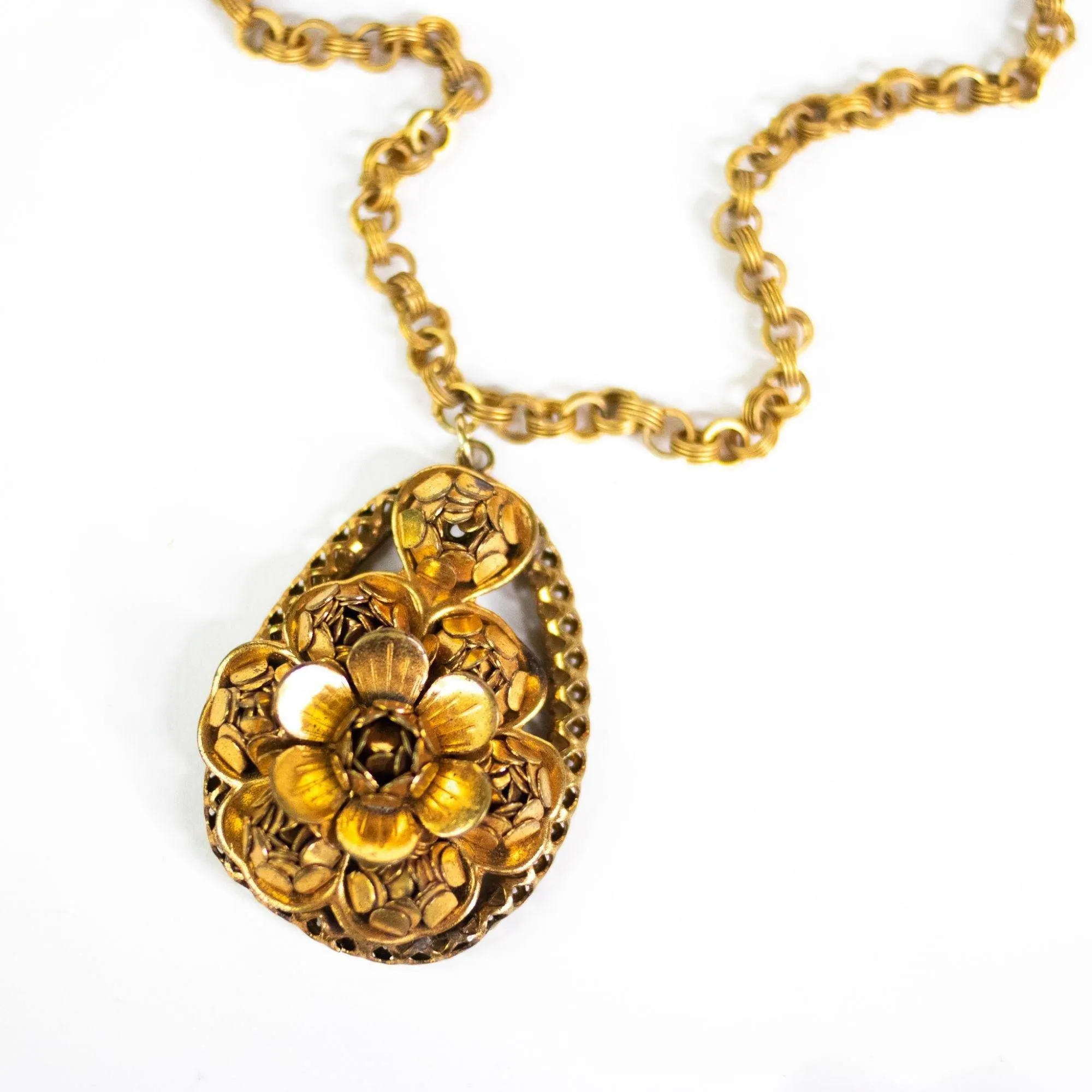Vintage Czech Floral Gilt Pendant Necklace