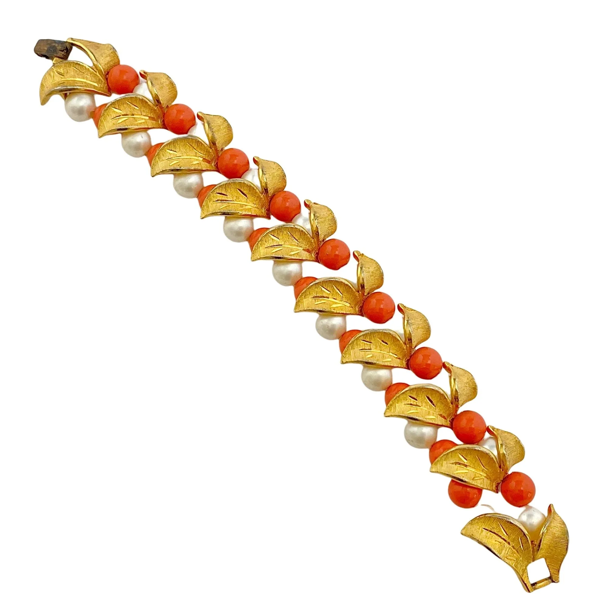 Vintage Gold, Pearl, and Orange Bead Leaf Bracelet