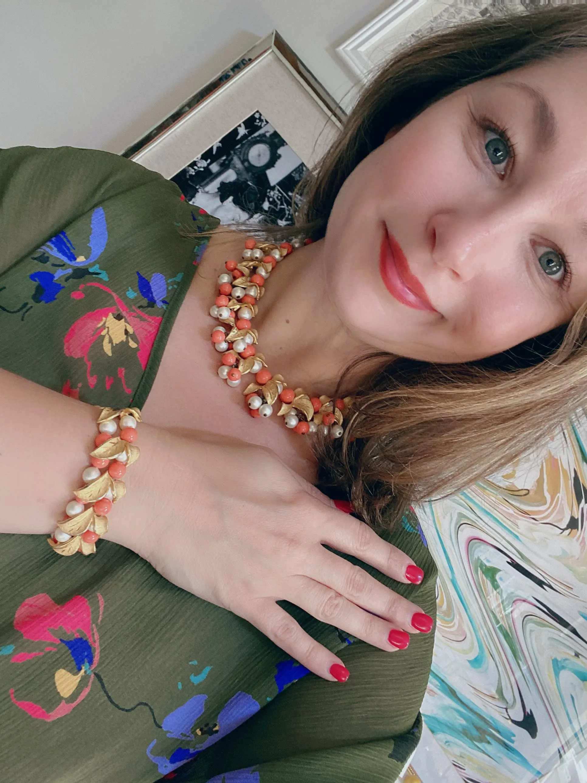 Vintage Gold, Pearl, and Orange Bead Leaf Bracelet