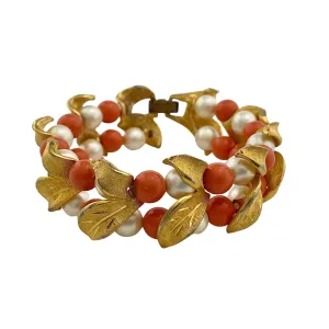 Vintage Gold, Pearl, and Orange Bead Leaf Bracelet