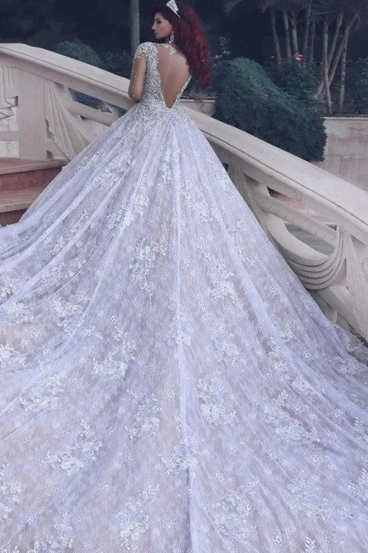 Vintage Luxurious Muslim Crystal Beading Cathedral Train Sheer Lace Wedding Dress