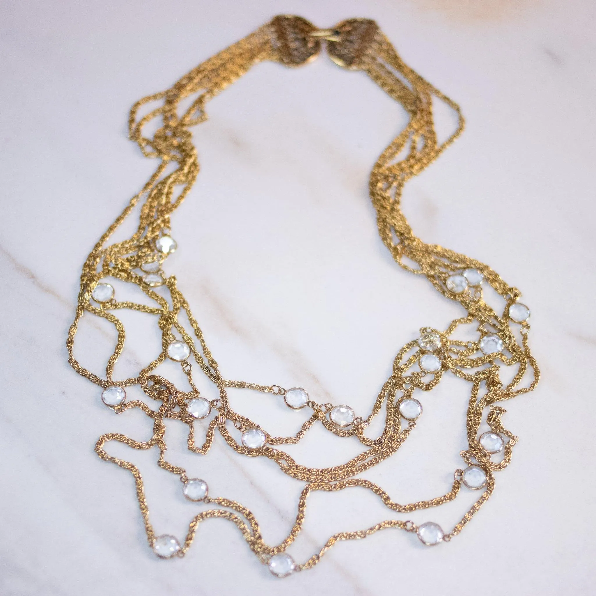 Vintage Multi Strand Gold Chain Necklace with Bezel Set Crystals