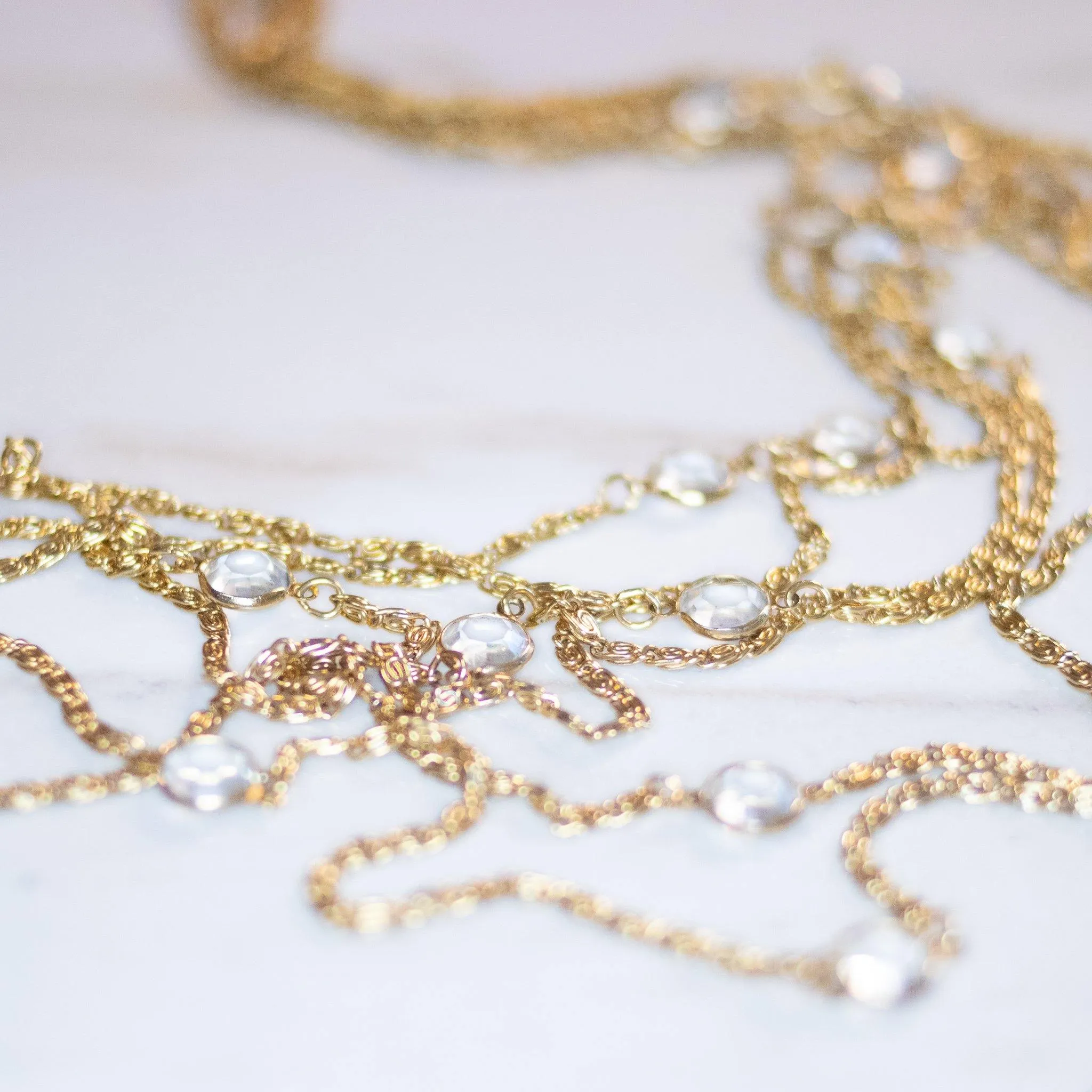 Vintage Multi Strand Gold Chain Necklace with Bezel Set Crystals