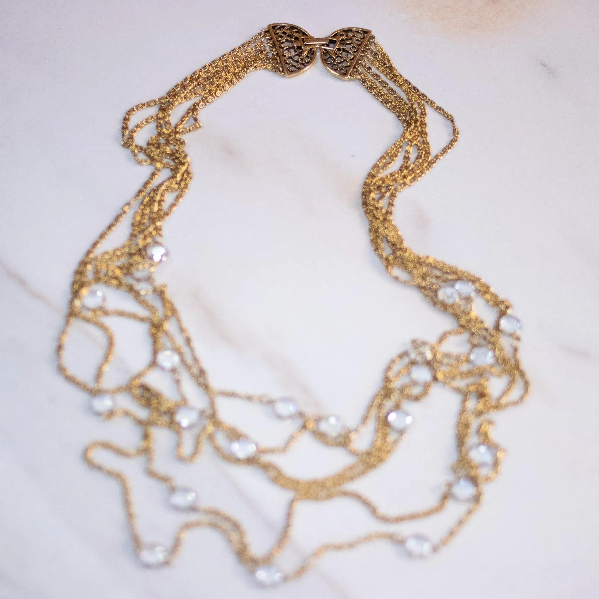 Vintage Multi Strand Gold Chain Necklace with Bezel Set Crystals
