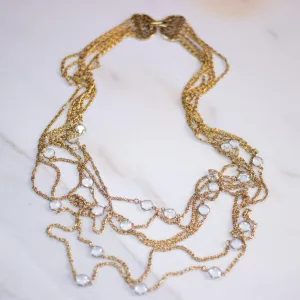 Vintage Multi Strand Gold Chain Necklace with Bezel Set Crystals
