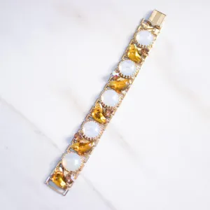 Vintage Opaline Glass and Amber Art Glass Rhinestone Bracelet