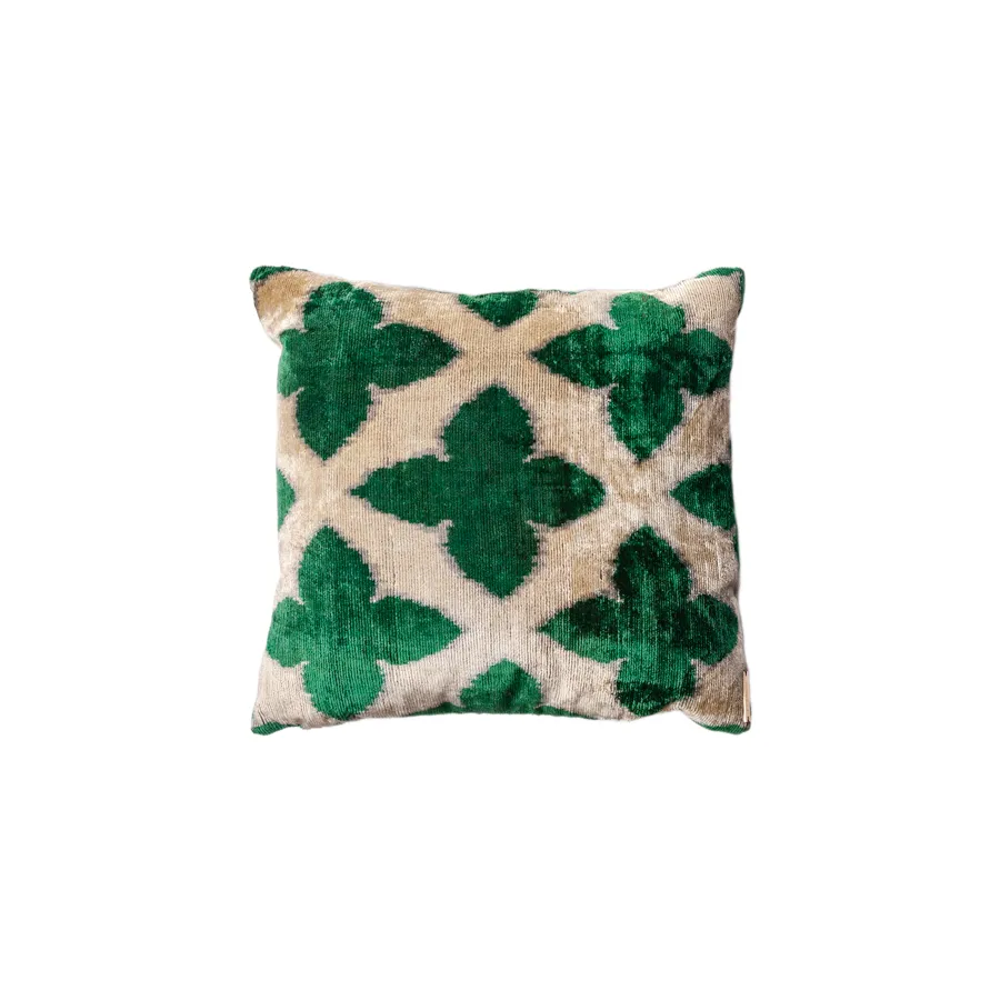 Vintage Silk Velvet Pillow - Medium Square Emerald and Cream Quatrefoil