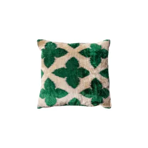 Vintage Silk Velvet Pillow - Medium Square Emerald and Cream Quatrefoil