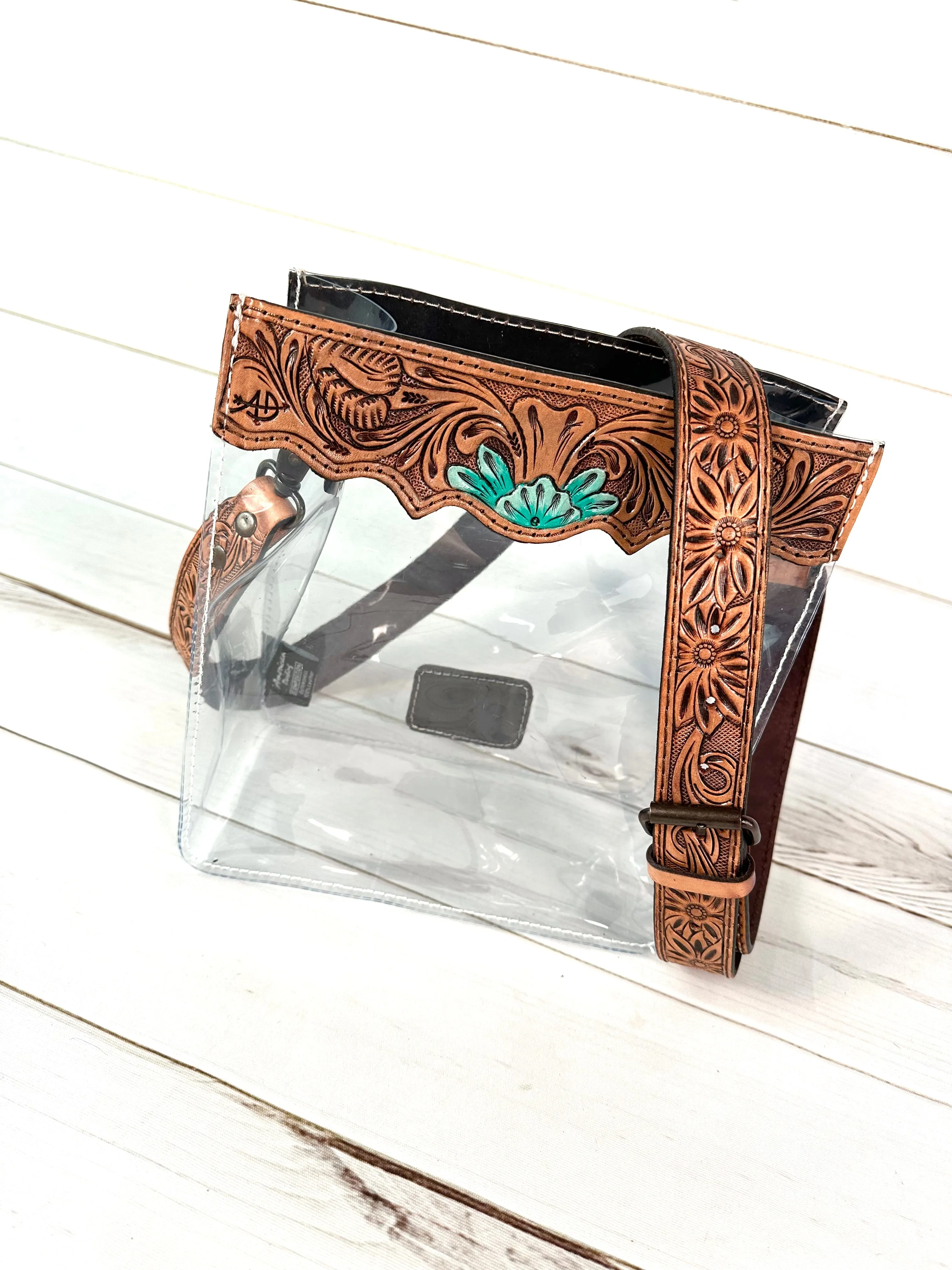 Western Leather Tooled Clear Bag - Turquoise Flower