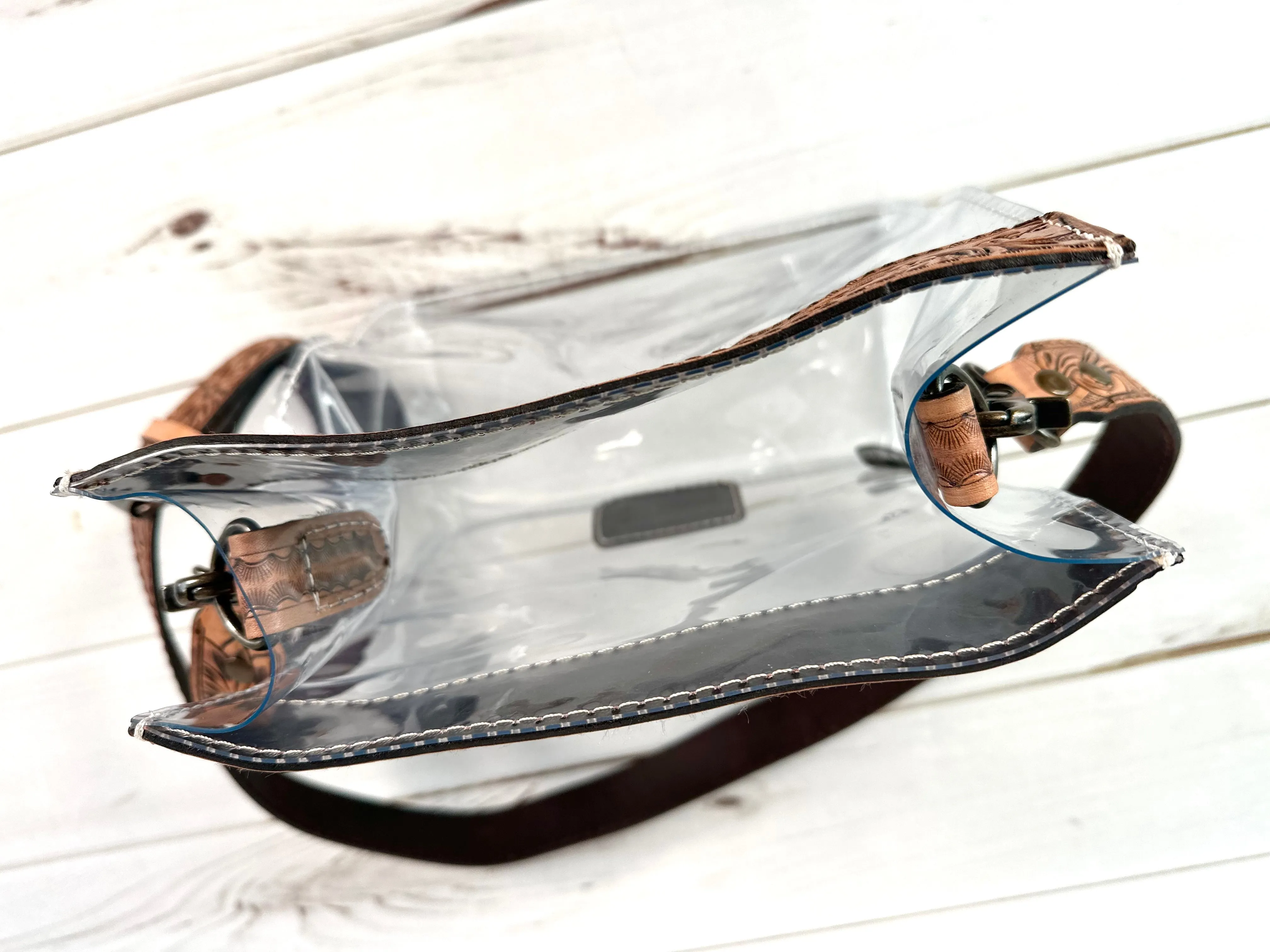 Western Leather Tooled Clear Bag - Turquoise Flower