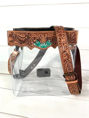 Western Leather Tooled Clear Bag - Turquoise Flower