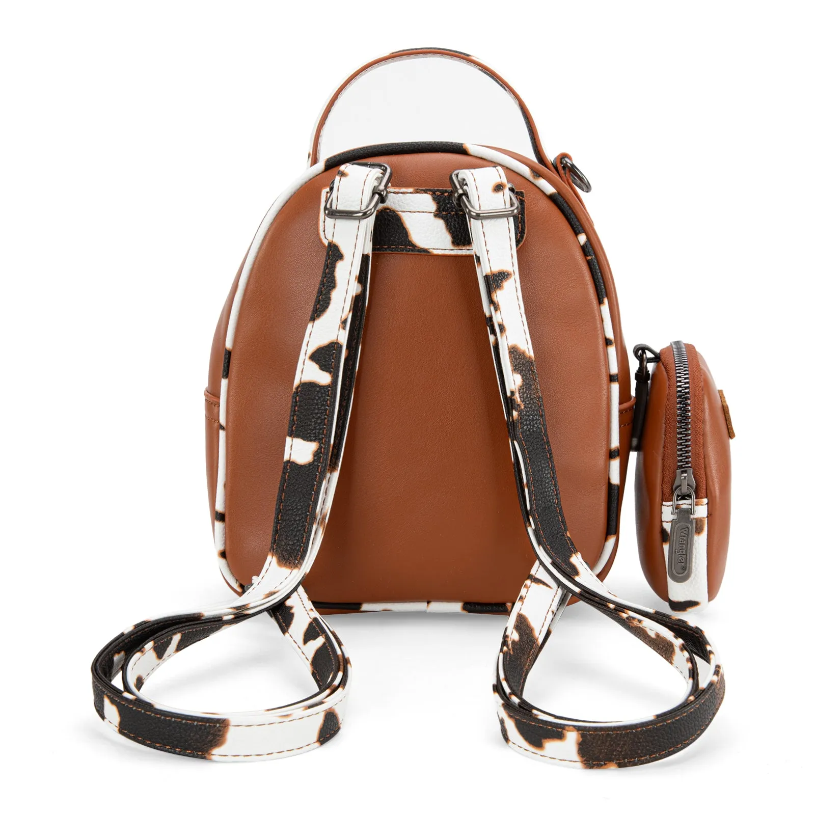 WG102-8600  Wrangler Cow Print  Trimmed Mini Backpack With Coin Pouch - Brown