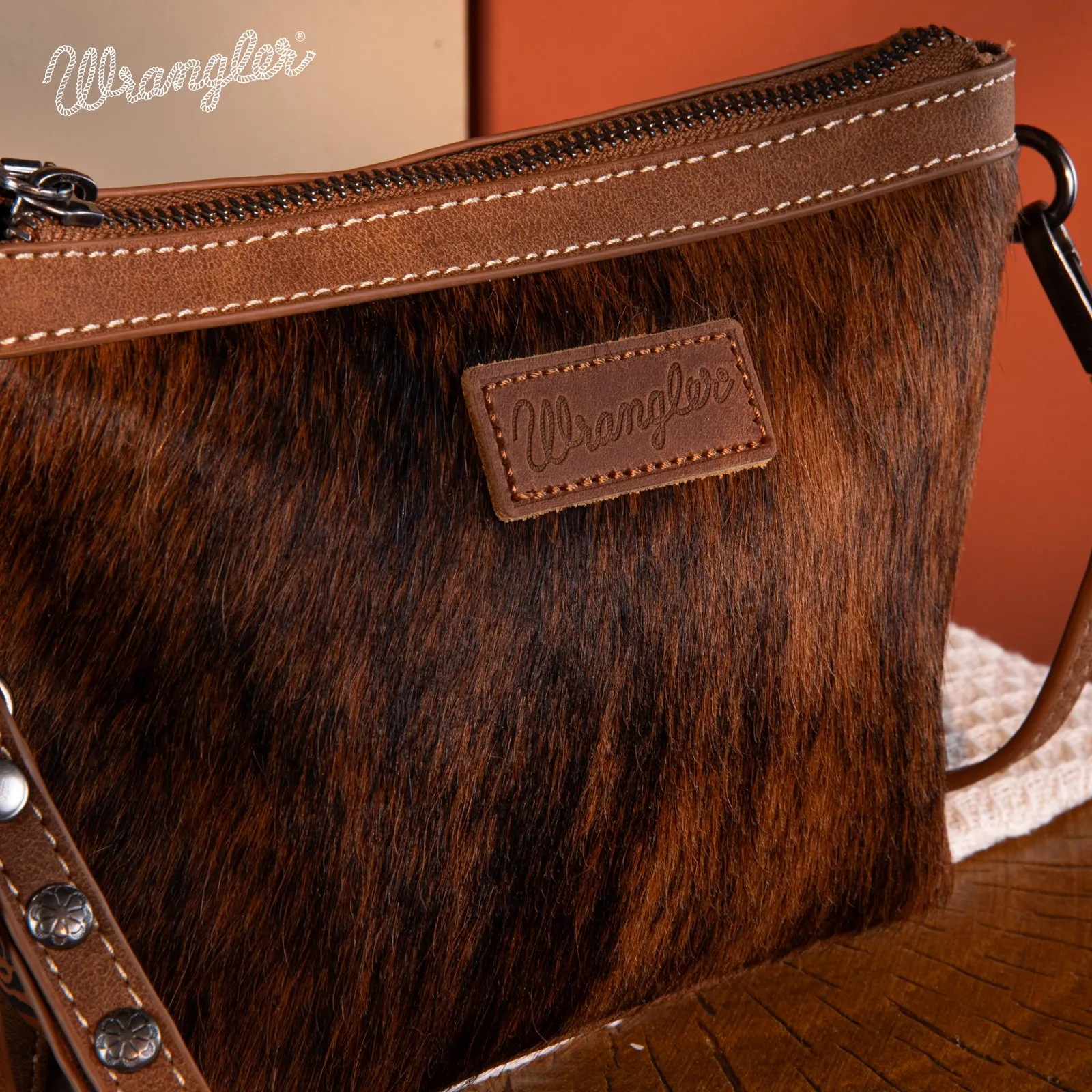 WG169-1812  Wrangler Genuine Hair-On Cowhide Crossbody - Brown