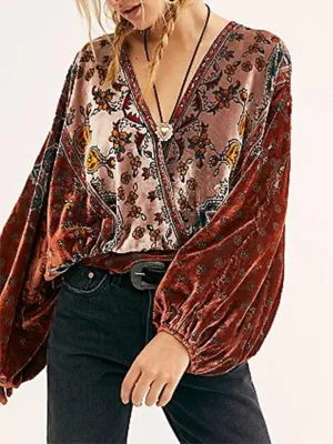 Women'S Round Neck Retro Velvet Loose Print Top