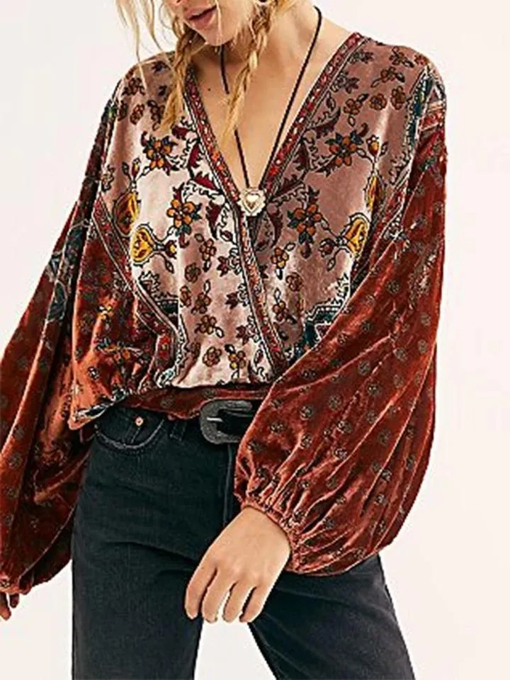 Women'S Round Neck Retro Velvet Loose Print Top