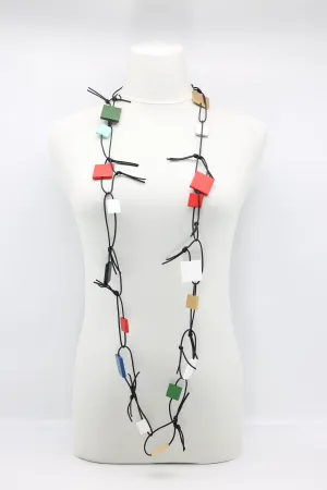 WOODEN SQUARES ON LEATHERETTE CHAIN NECKLACES -MULTI
