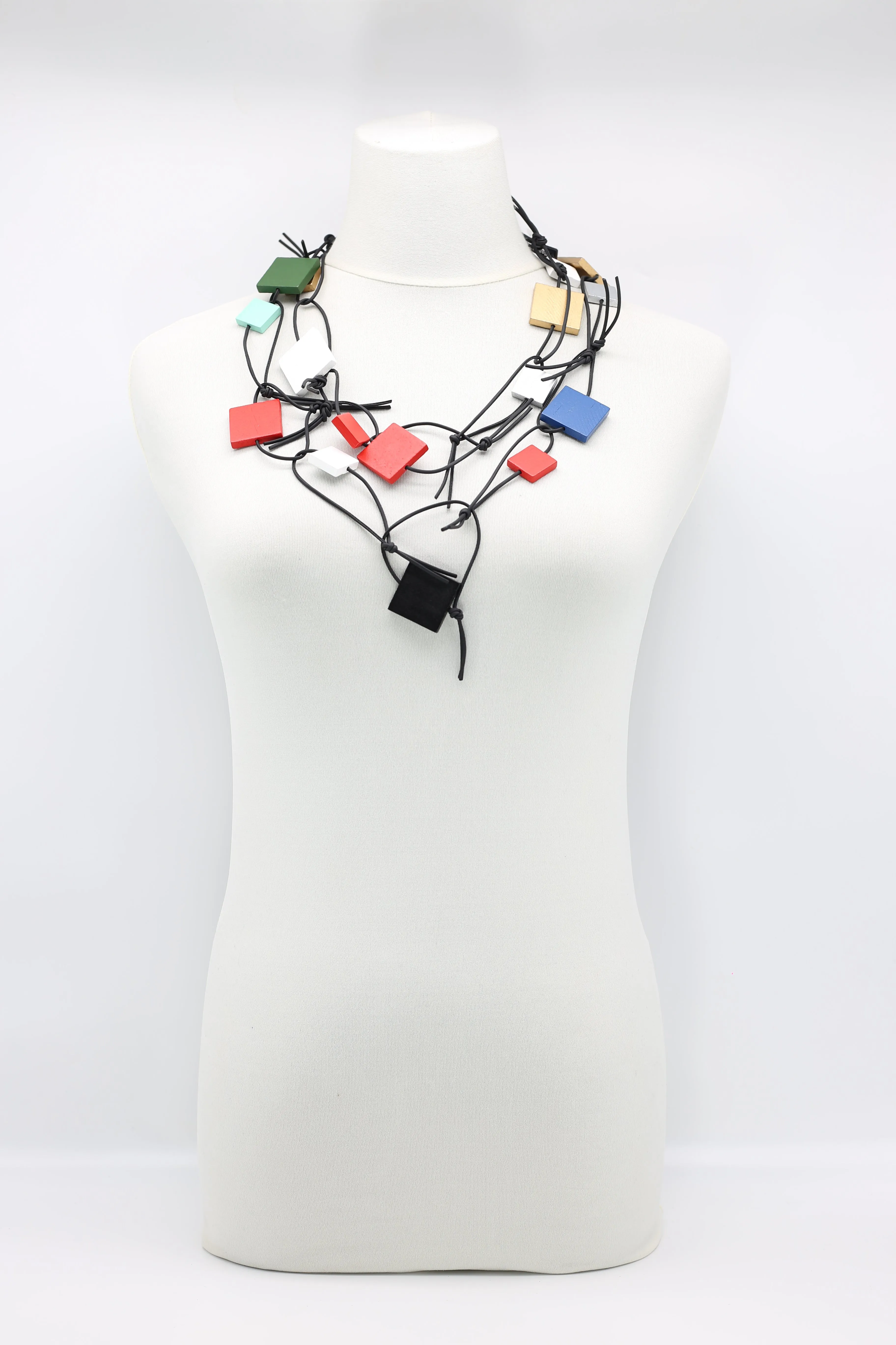 WOODEN SQUARES ON LEATHERETTE CHAIN NECKLACES -MULTI