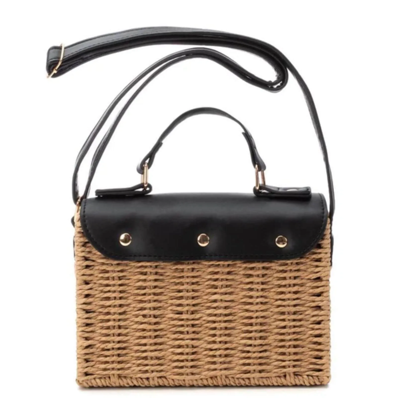 XTI Raffia Box Crossbody Bag - Black