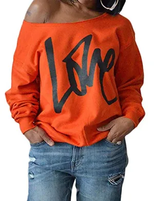 Yanekop Womens Love Sweatshirt Letter Print Off The Shoulder Slouchy Pullover(Orange,S)