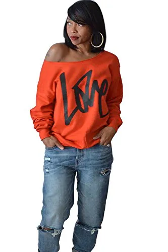 Yanekop Womens Love Sweatshirt Letter Print Off The Shoulder Slouchy Pullover(Orange,S)