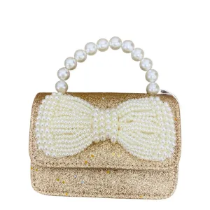 Zomi Gems Glitter Pearl Bow Handle Handbag - Gold